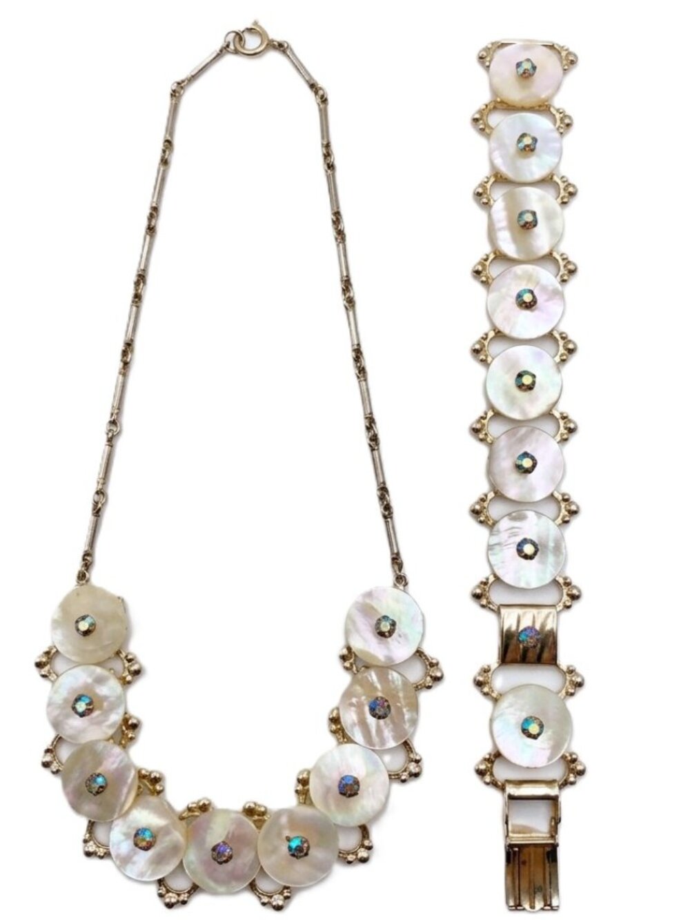 Mid Century Mother of Pearl Coin Disc Choker & Matching Bracelet Set